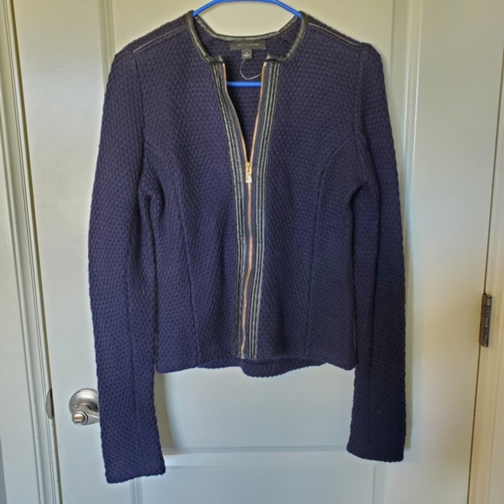 Ann Taylor Navy Blue WOOL BLEND Zip Up FAUX LEATHER TRIM Sweater Jacket S